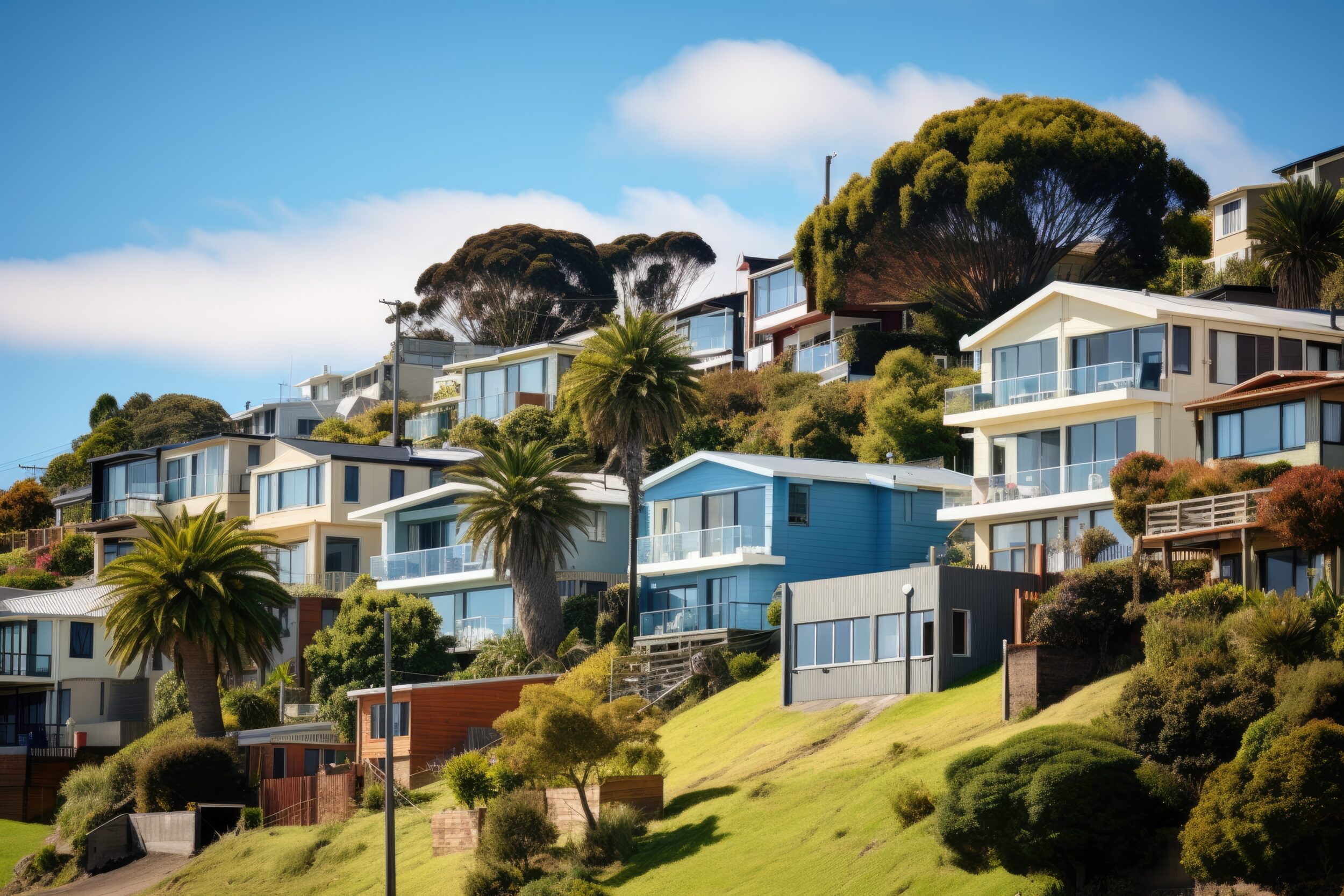 A residential area in Beach Haven, Auckland, New Zealand, consisting of houses built on a hillside.